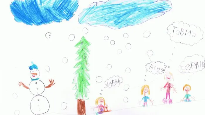 Tobias Tröster wohnt in Hochstraden. Auf seiner Zeichnung sieht man ihn bei seinen Lieblingsbeschäftigungen im Winter - Rodeln und Schneemann bauen