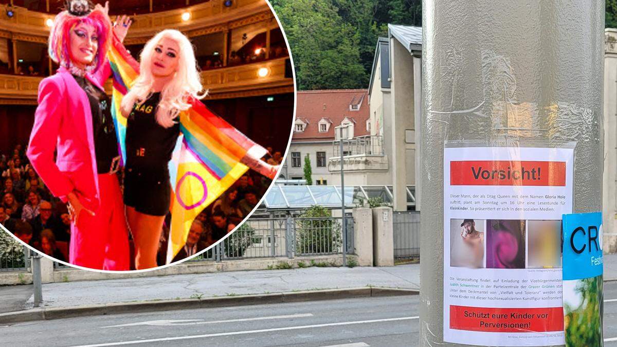 Hunderte Plakate wie dieses wurden in ganz Graz aufgehängt. Die Freiheitliche Jugend prangert Gloria Hole (rechts) vor ihrer Lesung als &quot;hochsexualisierte Kunstfigur&quot; an: &quot;Schützt eure Kinder vor solchen Perversionen&quot;, steht darunter