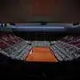 The Madrid Open tennis tournament venue is empty during a general blackout in Madrid, Monday, April 28, 2025. (AP Photo/Manu Fernandez)