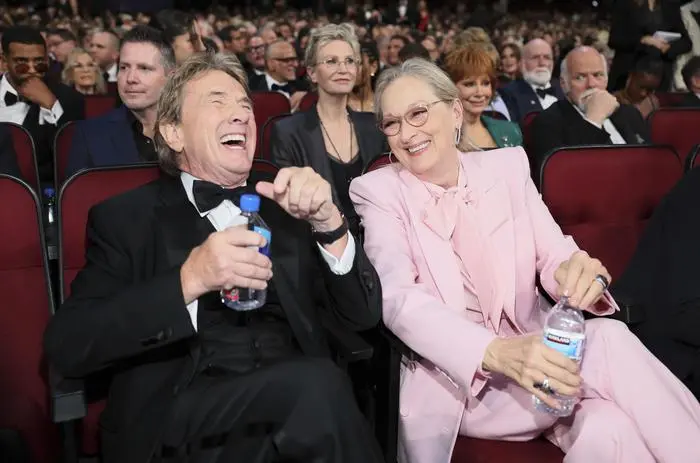 IMAGE DISTRIBUTED FOR THE TELEVISION ACADEMY – Martin Short and Meryl Streep at the 76th Emmy Awards on Sunday, Sept. 15, 2024 at the Peacock Theater in Los Angeles. (Photo by Danny Moloshok/Invision for the Television Academy/AP Content Services)