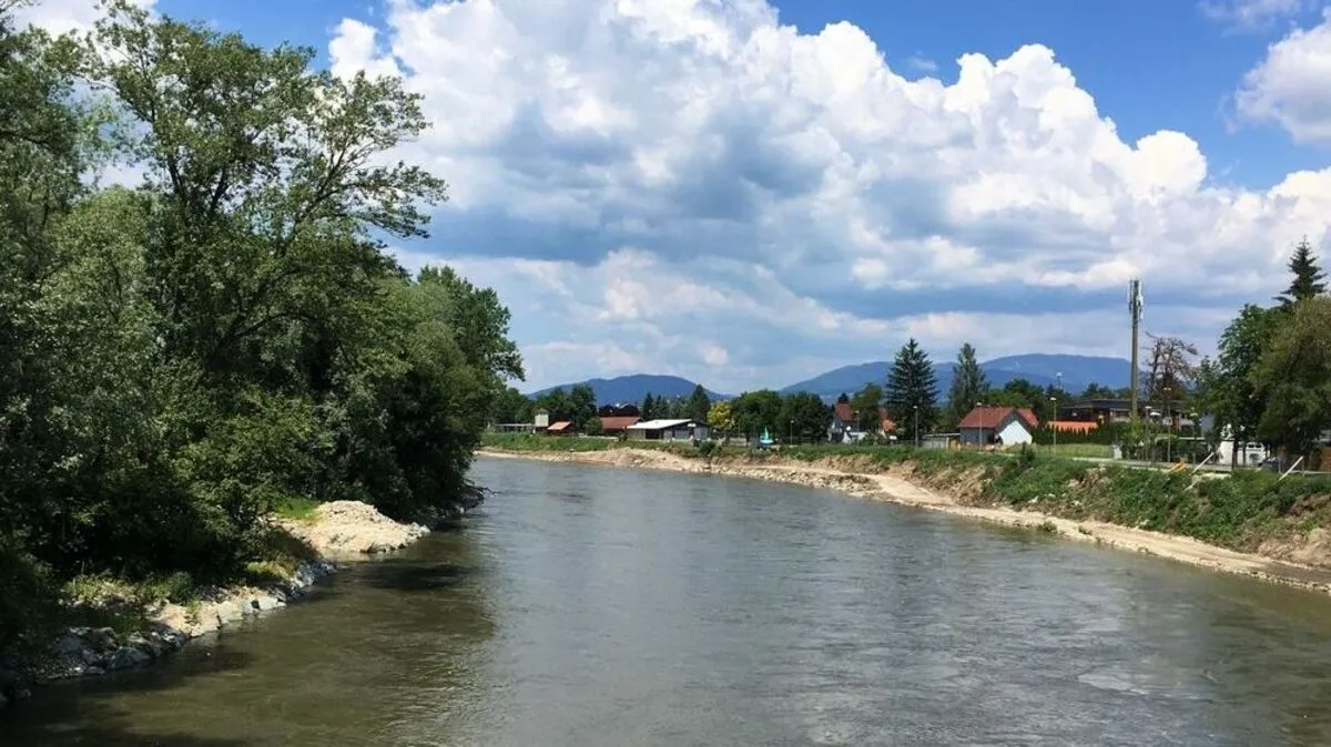 Blick vom Gasrohrsteg zwischen Liebenau und Puntigam muraufwärts