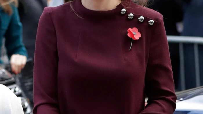 In einem bordeauxroten Kleid - dazu passend eine blickdichte, schwarze Strumpfhose, bezauberte Kate bei einer Konrerenz in London rund um die mentale Gesundheit von Kindern.