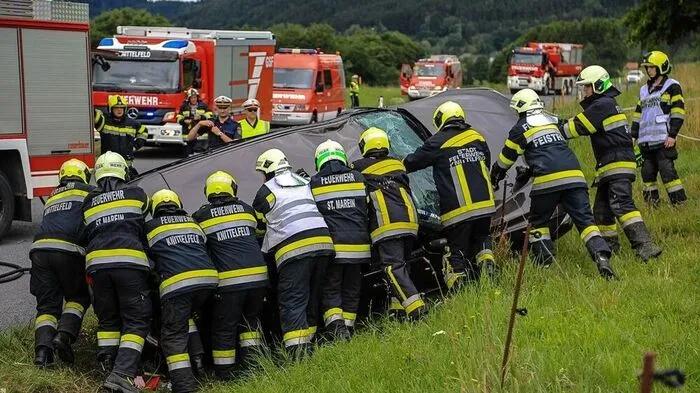 Die Feuerwehren stellten den Pkw von Hand wieder auf die Räder
