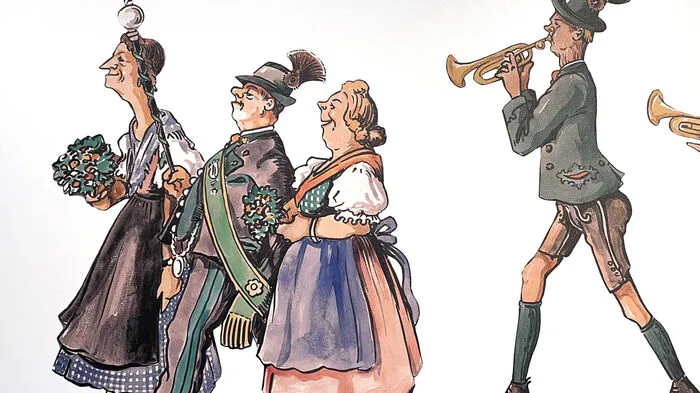Hans Gielge: Liebe zu Detail und treffsichere Darstellung der Charaktere, Original im Besitz der Familie Laimer, Karikaturen-Sonderaussstellung Kammerhof Museum Bad Aussee