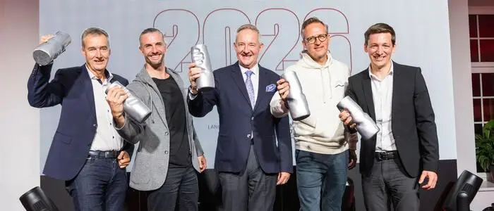 Die Primus 4 Public-Sieger: Wolfgang Hafner (Nachhaltigkeit), Johannes Fleischmann (Mut), Harald Repar (Baukultur), Peter Peschel (Digitalisierung) und Armin Egger (Infrastruktur, von links)