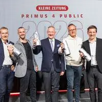 Die Primus 4 Public-Sieger: Wolfgang Hafner (Nachhaltigkeit), Johannes Fleischmann (Mut), Harald Repar (Baukultur), Peter Peschel (Digitalisierung) und Armin Egger (Infrastruktur, von links)