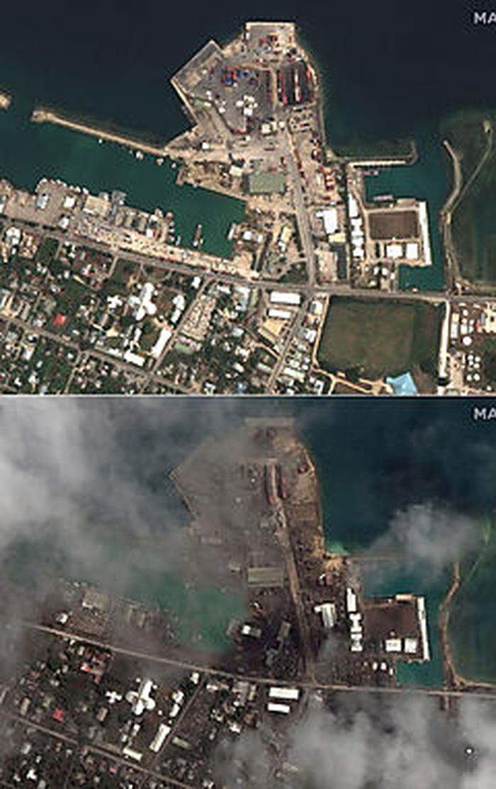 Der hafen von Nuku'alofa, Tonga, vor und nach der Eruption.