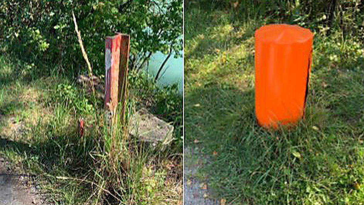 Entlang des Drauradweges im Stadtgebiet gibt es einiger solcher Stahlsteher. In Wernberg wurden sie ummantelt