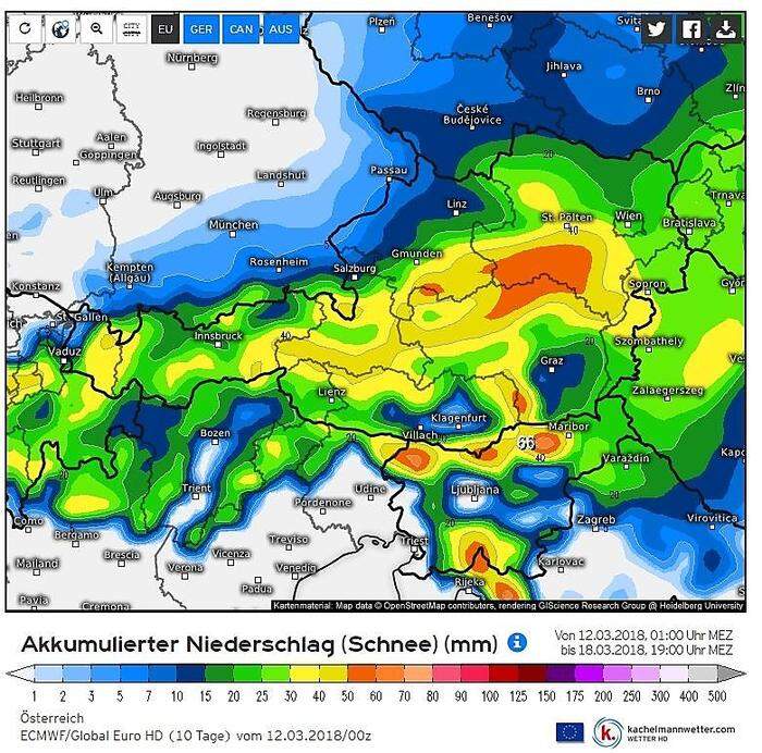 Bis jetzt ist es nur ein langfristiges Modell: Doch demzufolge kommen in vielen Teilen Österreichs bis nächste Woche Montag noch einmal 10 bis 60 Zentimeter Neuschnee zusammen