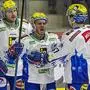 KLAGENFURT,AUSTRIA,29.JAN.23 - ICE HOCKEY - ICE Hockey League, Klagenfurter AC vs Villacher SV. Image shows the rejoicing of Anthony Luciani, Andrew Desjardins and Arturs Kulda (VSV).
Photo: GEPA pictures/ Wolfgang Jannach