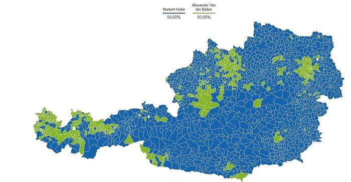 Die politische Landkarte Österreichs (ohne Briefwahlstimmen). Hofer punktete in Landgemeinden, Van der Bellen in den bevölkerungsreichen Städten