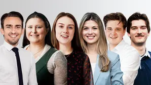 Junge Kandidatinnen und Kandidaten: Tim Tschinkel (FPÖ), Lena Raudner (ÖVP), Emely Spitzer (SPÖ), Anna Binder (Grüne), Julian Zach (Neos), Samuel Scheicher (KPÖ)