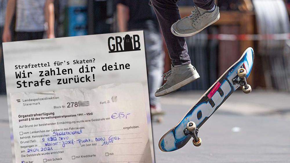 Einer der ersten &quot;Strafzettel&quot; für Skater-Tricks auf dem Kaiser-Josef-Platz