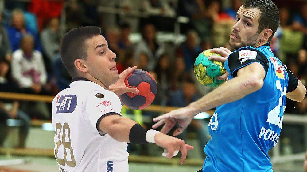Das Duell der Handball-Topscorer der Quali-Runde: Srdjan Predragovic (21) gegen Dean Pomorisac (15)