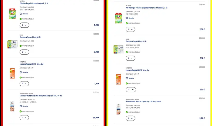 Blick in die beiden virtuellen Einkaufskörbe. Links: Österreich, rechts: Deutschland.