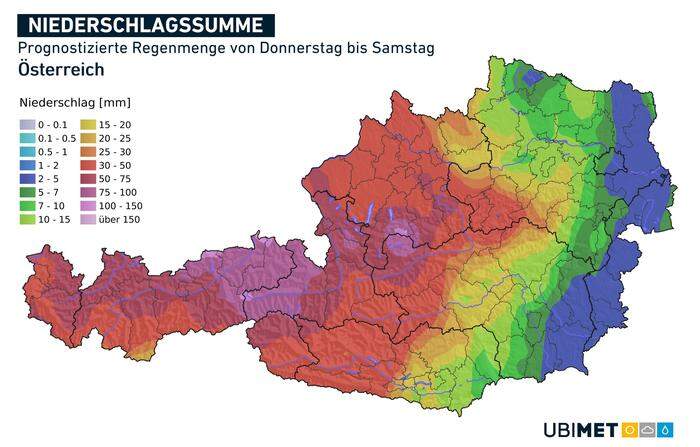 Niederschlagsprognose der UBIMET bis Samstag