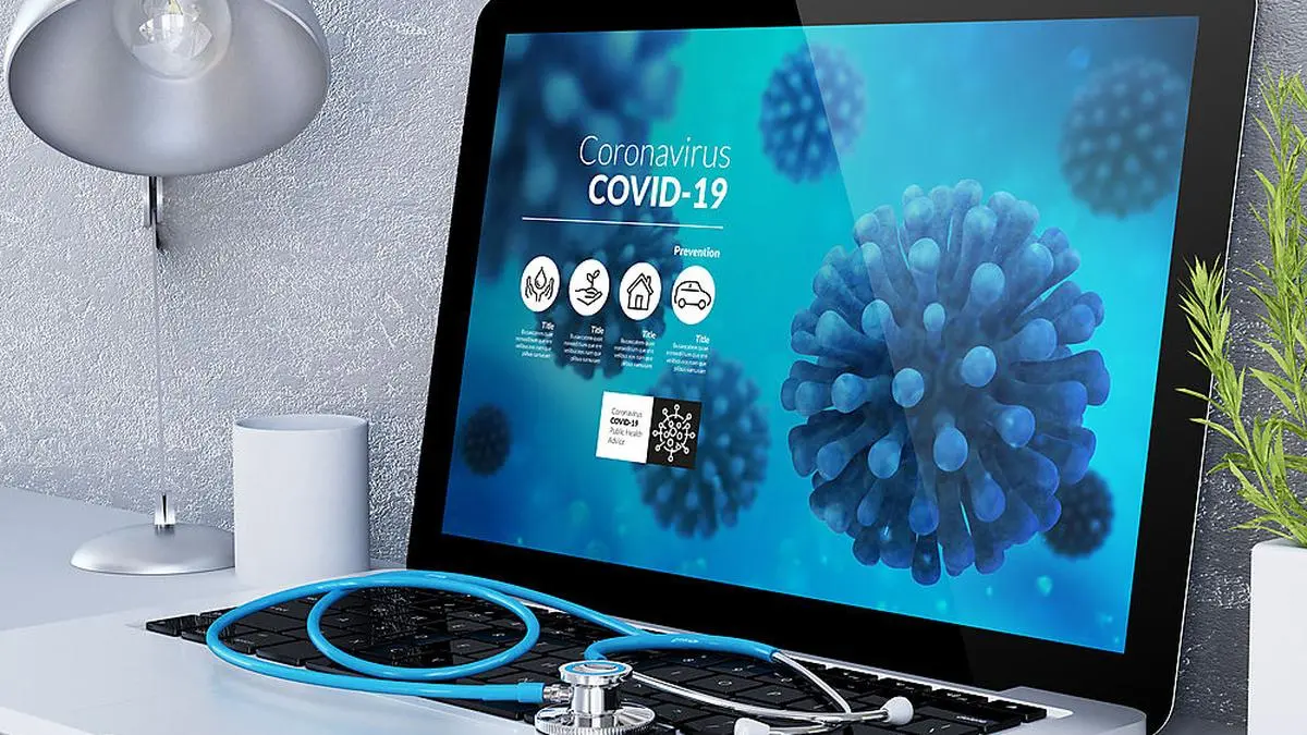 medical desktop computer coronavirus info on screen 3d rendering