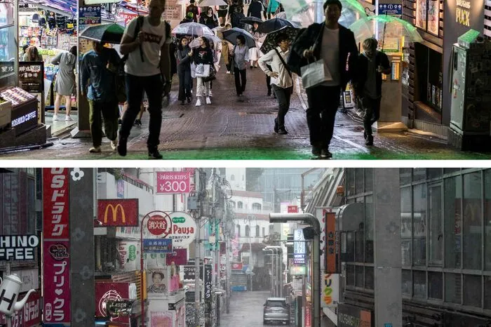 Eine belebte Straße in Tokio ist wie ausgestorben, wie dieser Vergleich zeigt.