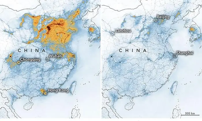 TOPSHOT - A handout photo released on March 2, 2020 by Nasa and Earth Observatory shows maps displaying nitrogen dioxide (NO2) values across China from January 1-20, 2020 (before the quarantine) and February 10-25 (during the quarantine) which illustrates a significant decrease in NO2 over China, partly related to the economic slowdown following the outbreak of the COVID-19 (new Coronavirus). (Photo by Joshua Stevens / NASA Earth Observatory / AFP) / RESTRICTED TO EDITORIAL USE - MANDATORY CREDIT 