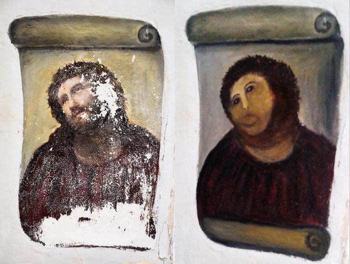 Ecce Homo-Fresko vor (links) und nach der Restaurierung von Cecilia Giménez in Borja, Spanien.