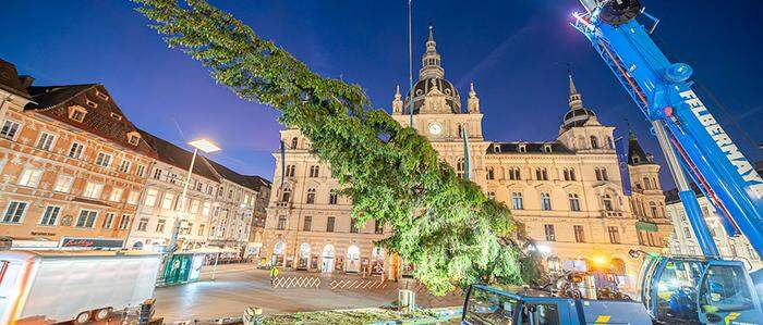 Am Montagfrüh wurde der Christbaum am Grazer Hauptplatz aufgestellt