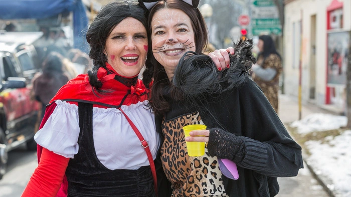 Schneewittchen und Tiger fröhlich vereint - gesehen beim närrischen Faschingsumzug in Villach. Tausende maskierte Besucher und Teilnehmer säumten die Straßen...