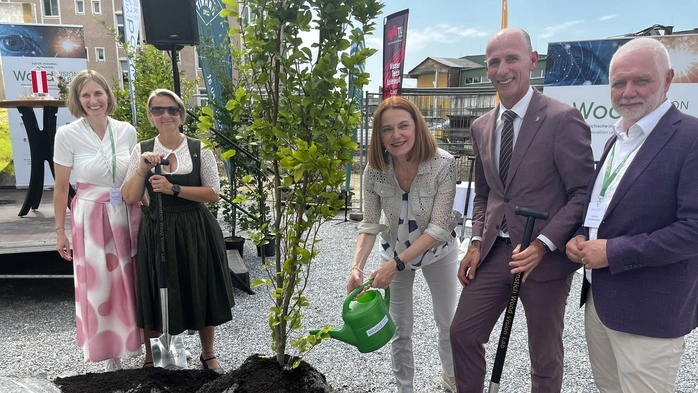 Sie setzten einen symbolischen Baum: Die Geschäftsführer der „Wood Vision Lab GmbH“ Weiz Bernadette Karner (links) und Helmut Wiedenhofer (rechts) mit Bürgermeisterin Bettina Bauernhofer, Landesrätin Simone Schmiedtbauer (Mitte) und Landesrat Willibald Ehrenhöfler