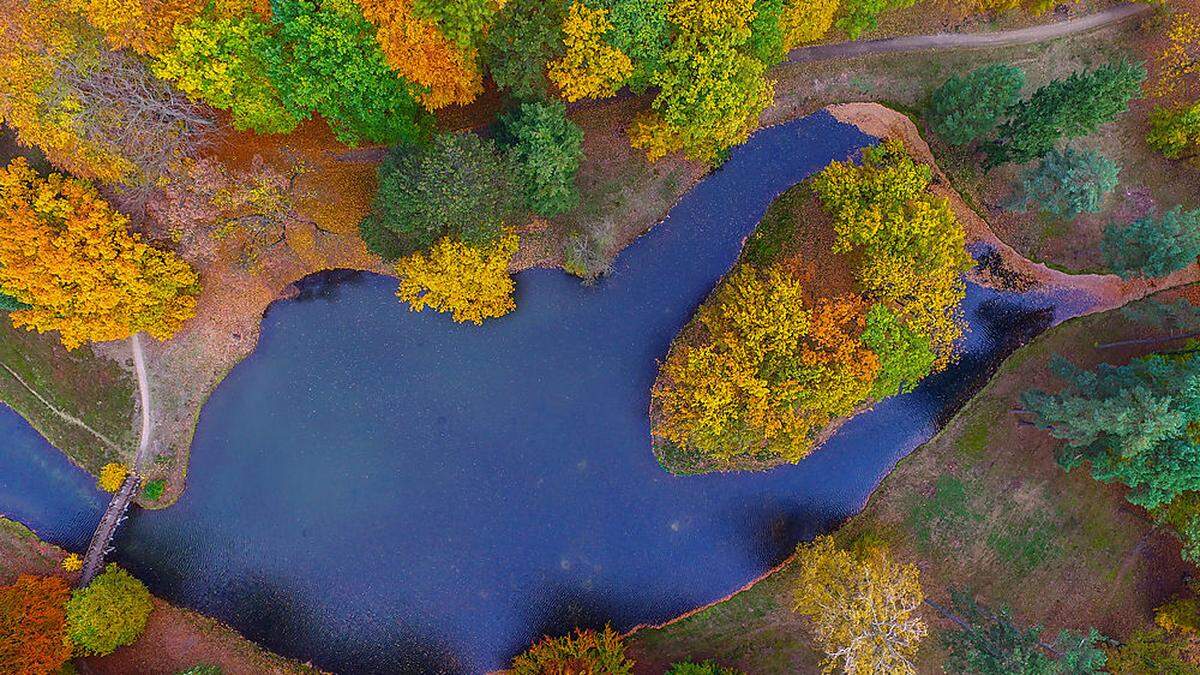 Das Luftbild einer Drohne zeigt den herbstlichen Fürst-Pückler-Park bei Cottbus (Brandenburg)