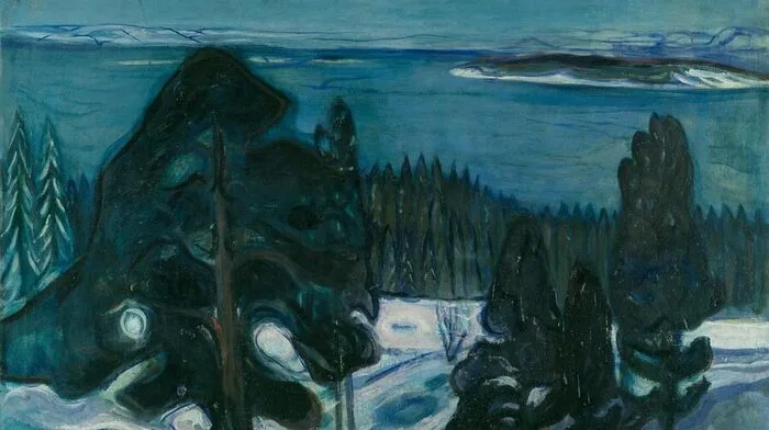 „Winternacht“ (um 1900) ist ein typisches Beispiel für den Symbolismus des norwegischen Malers Edvard Munch. Das menschenleere Bild zeigt unheimlich wirkende, schwarze Bäume vor dem Oslofjord