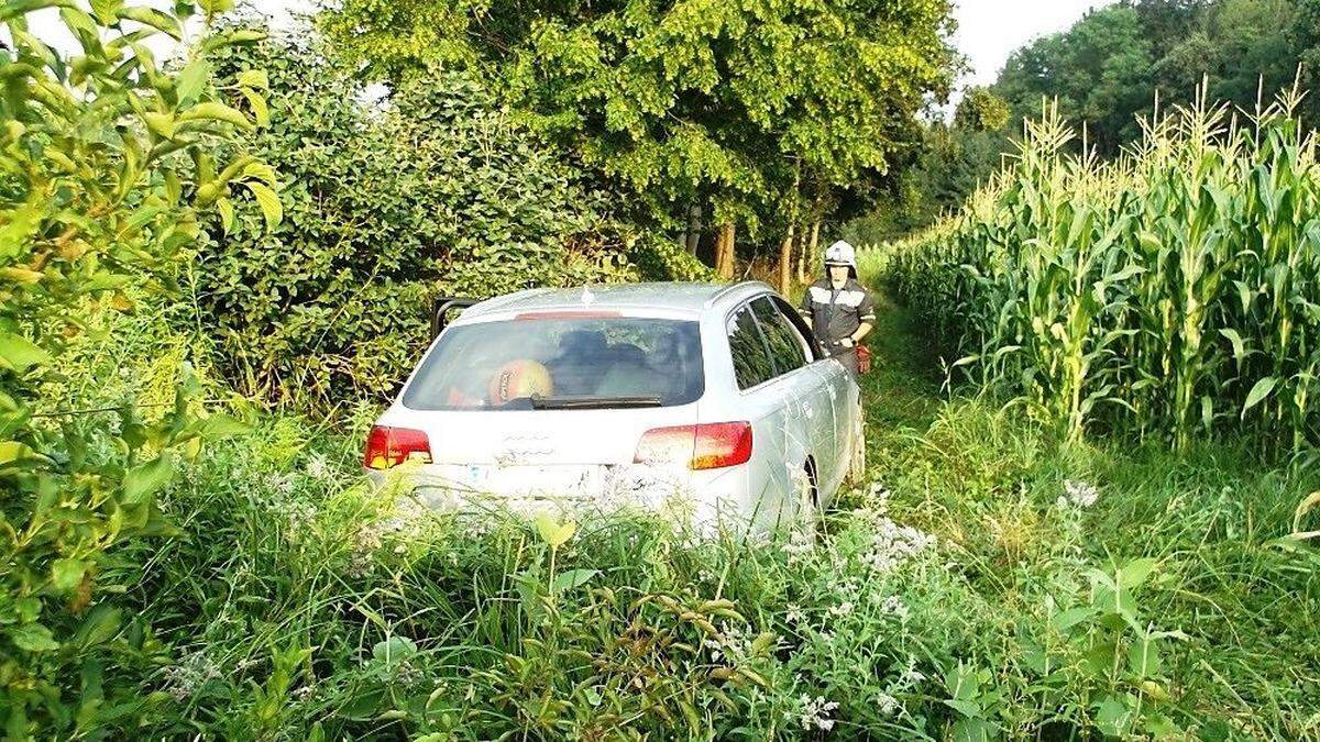 Der Pkw kam vor einem angrenzenden Maisacker zu stehen