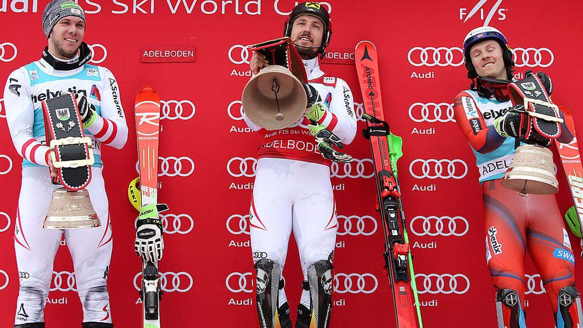 Marcel Hirscher, flankiert von Michael Matt (links) und Henrik Kristoffersen