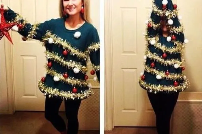 Der Christbaum.Die Grundkleidung sollte in Grün gehalten sein. Diese wird dann mit altem Christbaumschmuck dekoriert. Plastikkugeln, Lametta oder bunte Girlanden eignen sich am besten.