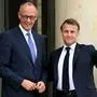 France's President Emmanuel Macron (R) welcomes Germany's newly elected Chancellor Friedrich Merz (L) at the Elysee presidential palace in Paris on May 7, 2025. Merz visits France and Poland on May 7, on a mission to boost ties with the European neighbours in turbulent times. (Photo by Bertrand GUAY / AFP)