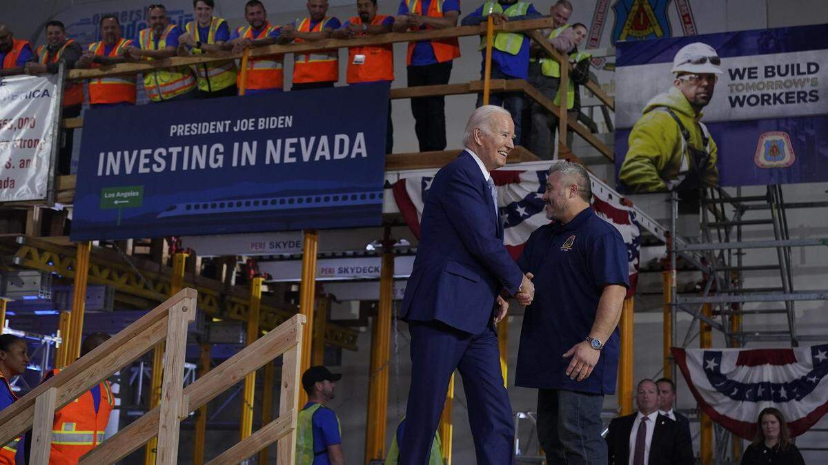 President Joe Biden arrives to speak about investment in rail projects, including high-speed electric trains, Friday, Dec. 8, 2023, in Las Vegas. (AP Photo/Manuel Balce Ceneta)