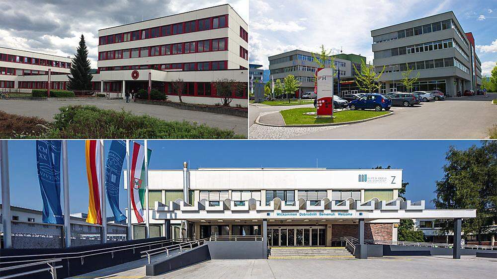 Pädagogische Hochschule, Fachhochschule Kärnten und Alpen-Adria-Universität (im Uhrzeigersinn) sind die tertiären Bildungseinrichtungen im Land