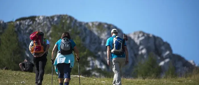 Drei wanderende Personen auf einer Alm, im Hintergrund sieht man eine felsige Bergkette