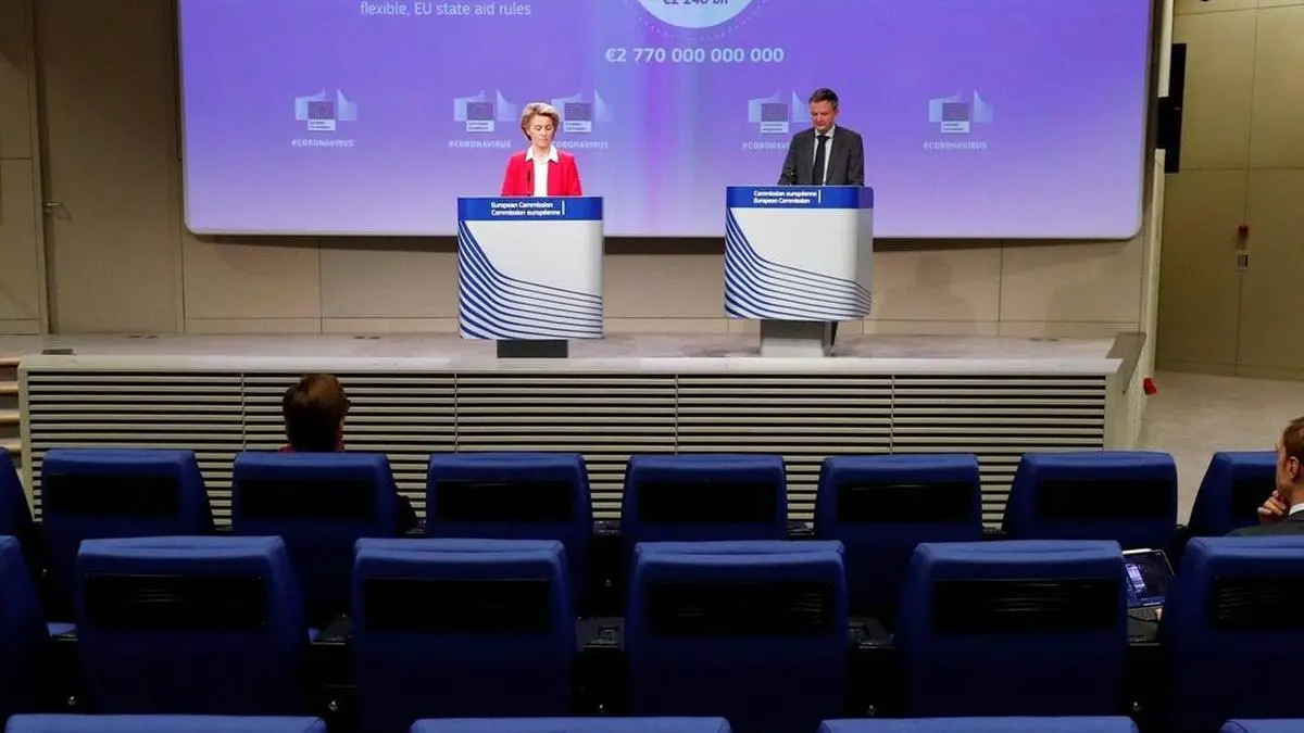 European Commission President Ursula von der Leyen gives a press conference on EU efforts to limit economic impact of the coronavirus disease (COVID-19) outbreak, in Brussels, on April 2, 2020. (Photo by FRANCOIS LENOIR / POOL / AFP)