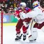 KLAGENFURT,AUSTRIA,19.APR.24 - ICE HOCKEY - ICE Hockey League, play off final, Klagenfurter AC vs EC Red Bull Salzburg. Image shows Niki Kraus (KAC) and Atte Tolvanen (EC RBS).
Photo: GEPA pictures/ Daniel Goetzhaber