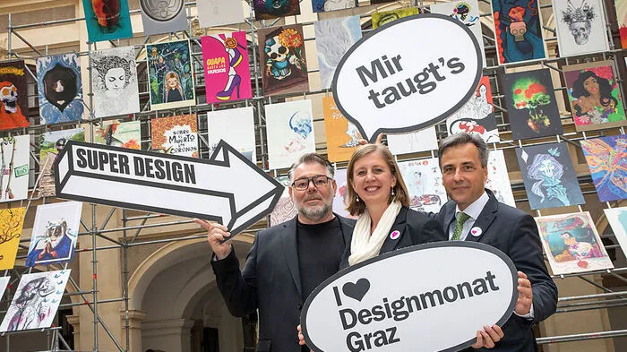 Freuen sich auf den Designmonat: CIS-Chef Eberhard Schrempf (l.), Landesrätin Barbara Eibinger-Miedl und Bürgermeister Siegfried Nagl