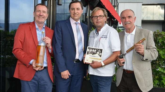 Auftakt zum Genussfestival "KüchenKult" im Gourmetrestaurant Lagana im Holiday Inn in Villach: vlnr: Valentin Latschen, Direktor Rene Sulzberger, Küchenchef Hermann Andritsch und Bobby Ehrlich.