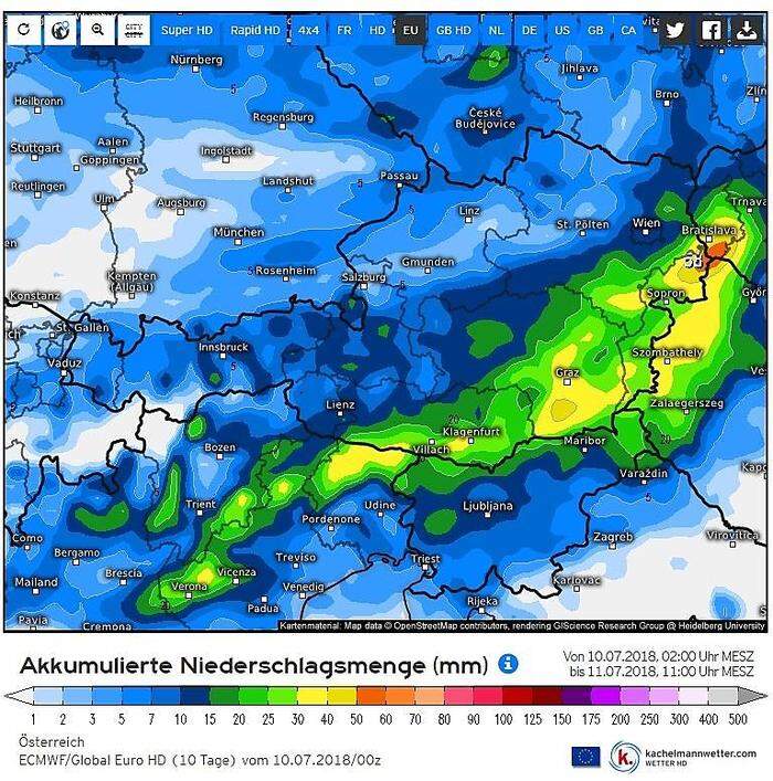 Prognose: Im Süden und Osten dürften bis Mittwochmittag die größten Niederschlagsmengen zusammenkommen
