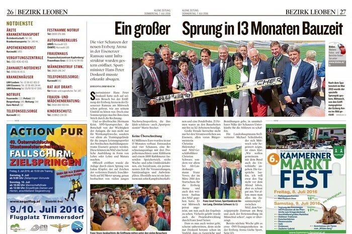 Der Ausbau der Schanzen in der Eisenerzer Ramsau zur Erzberg Arena war auch für die Weiterentwicklung des Nordischen Ausbildungszentrums Eisenerz ein wichtiger Schritt: https://www.kleinezeitung.at/steiermark/leoben/5044733/Eisenerz_Erzberg-Arena-ist-eroeffnet