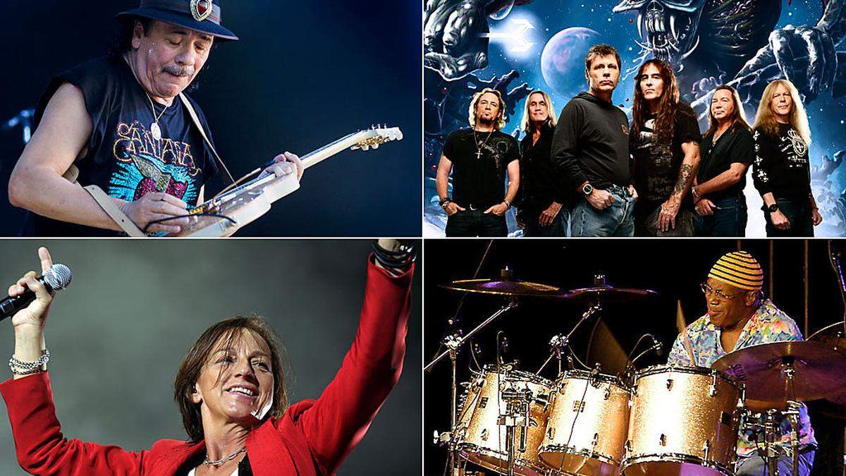 U.a. sorgen Carlos Santana (links oben), Iron Maiden (rechts oben), Gianna Nannini (links unten) und Billy Cobham für einen heißen Rock-Sommer