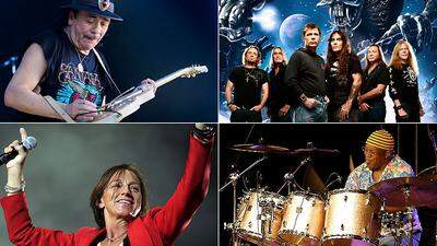 U.a. sorgen Carlos Santana (links oben), Iron Maiden (rechts oben), Gianna Nannini (links unten) und Billy Cobham für einen heißen Rock-Sommer