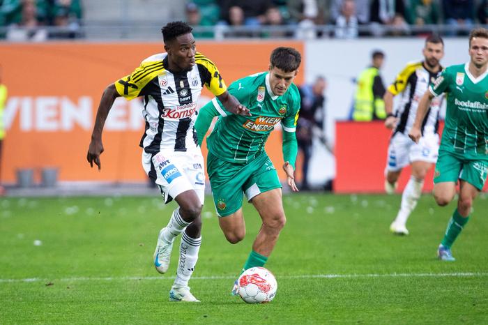 VIENNA,AUSTRIA,28.SEP.24 - SOCCER - ADMIRAL Bundesliga, SK Rapid Wien vs Linzer ASK. Image shows Moses Usor (LASK) and Jonas Auer (Rapid).
Photo: GEPA pictures/ Philipp Brem