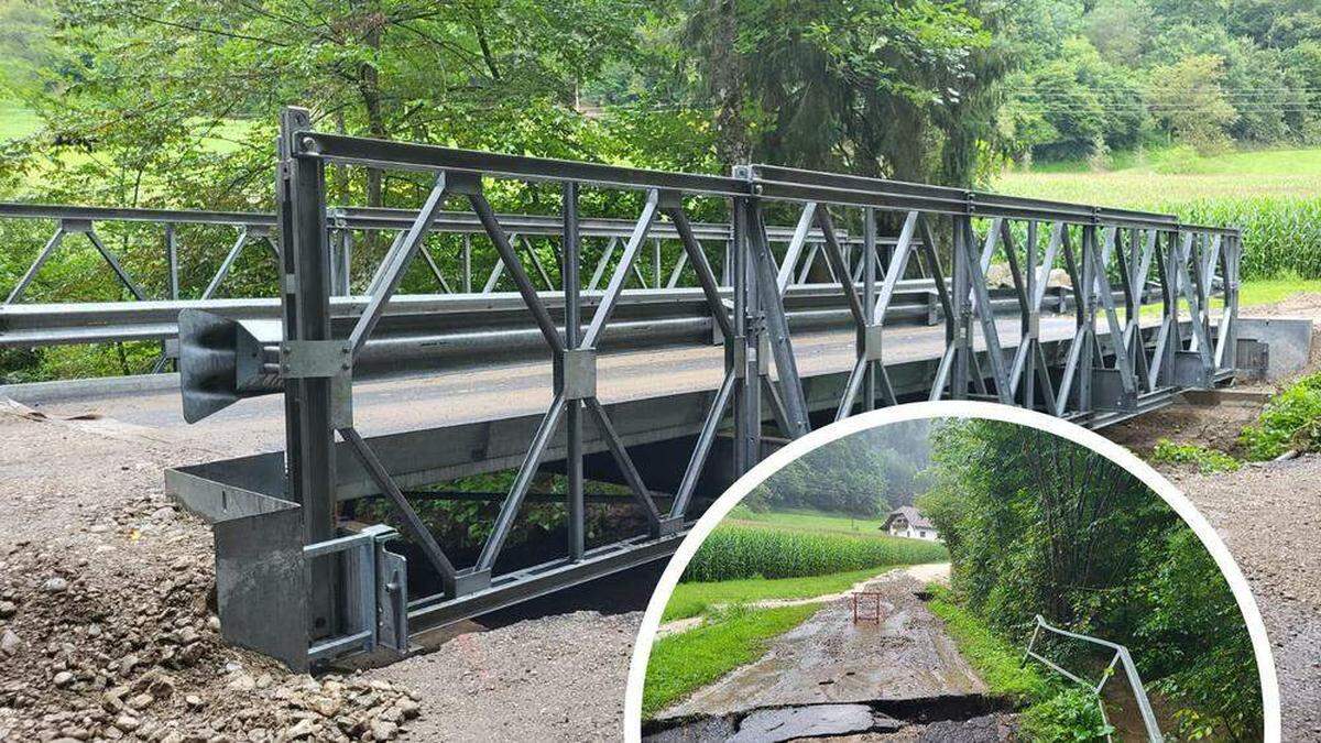 Diese Betonbrücke im Motschulagraben wurde bei dem Unwetter im Vorjahr von den Wassermassen weggerissen (kleines Bild). Soldaten des Bundesheeres haben eine Behelfsbrücke gebaut