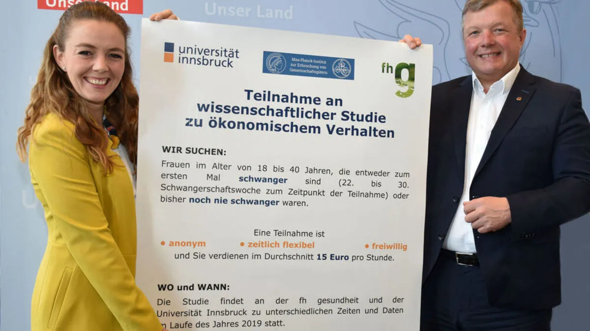 Helena Fornwagner sucht Teilnehmerinnen für eine Studie über Schwangere: Diese Untersuchung wird vom Land Tirol gefördert, rechts Wissenschaftslandesrat Bernhard Tilg