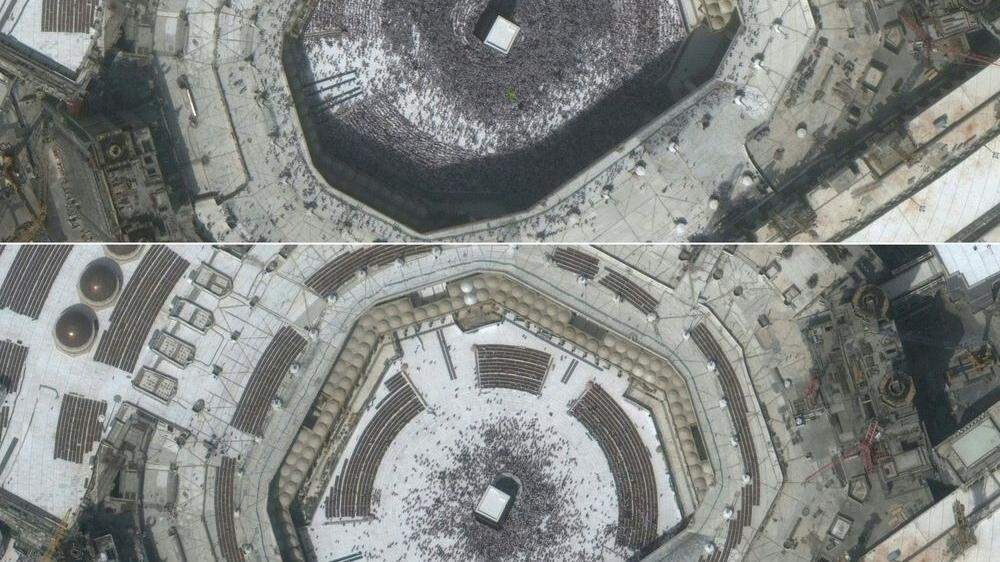 Die Kaaba im Hof der Großen Moschee vor und nach Ausbruch der Coronavirusepidemie