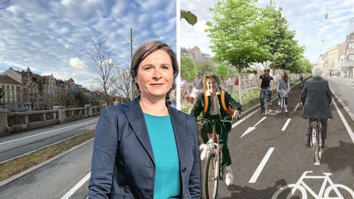 Vizebürgermeisterin Schwentner leitet den Radwegausbau auf dem Kai ein