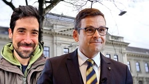 Bild zeigt Sebastian Bohrn Mena und Gerald Grosz in einer Montage vor dem Straflandesgericht Graz